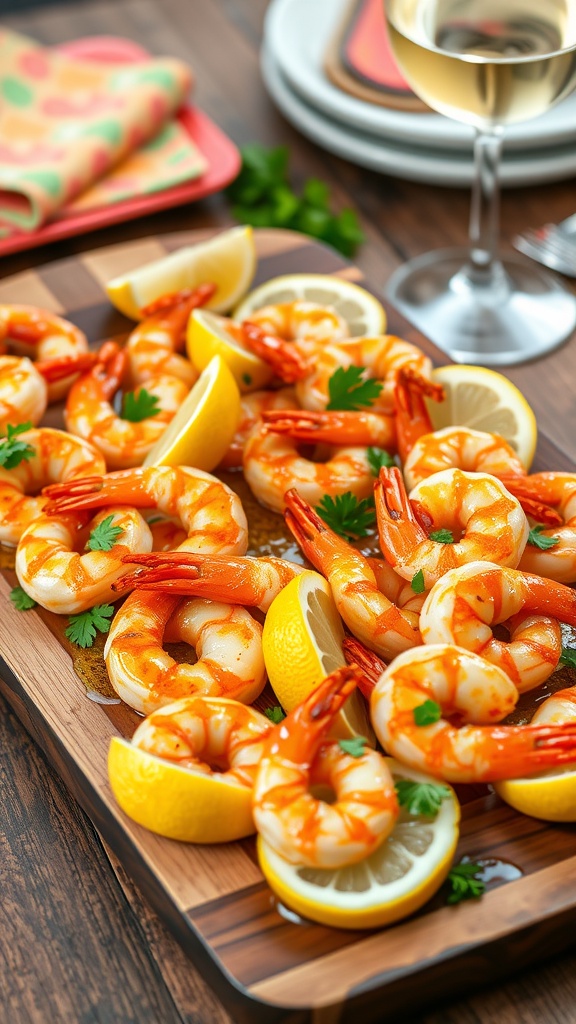 A vibrant platter of spicy garlic shrimp garnished with parsley and lemon wedges on a rustic wooden board.
